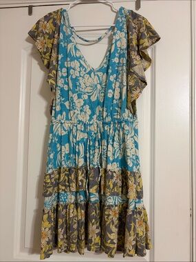 Floral Ruffle Midi Dress in Teal and Gray